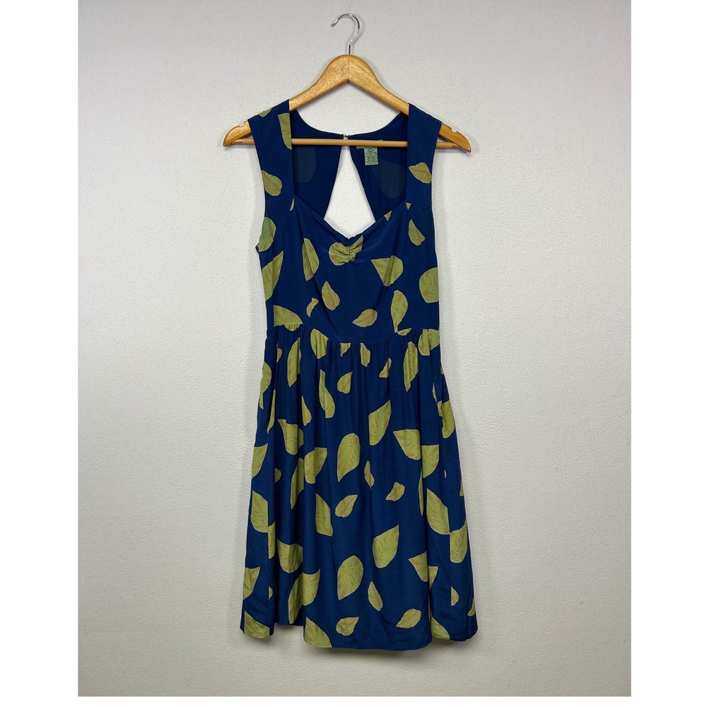 Anthropology Maple Womens 6 Blue Silk Leaf Print Cutout Back Pockets Flare Dress